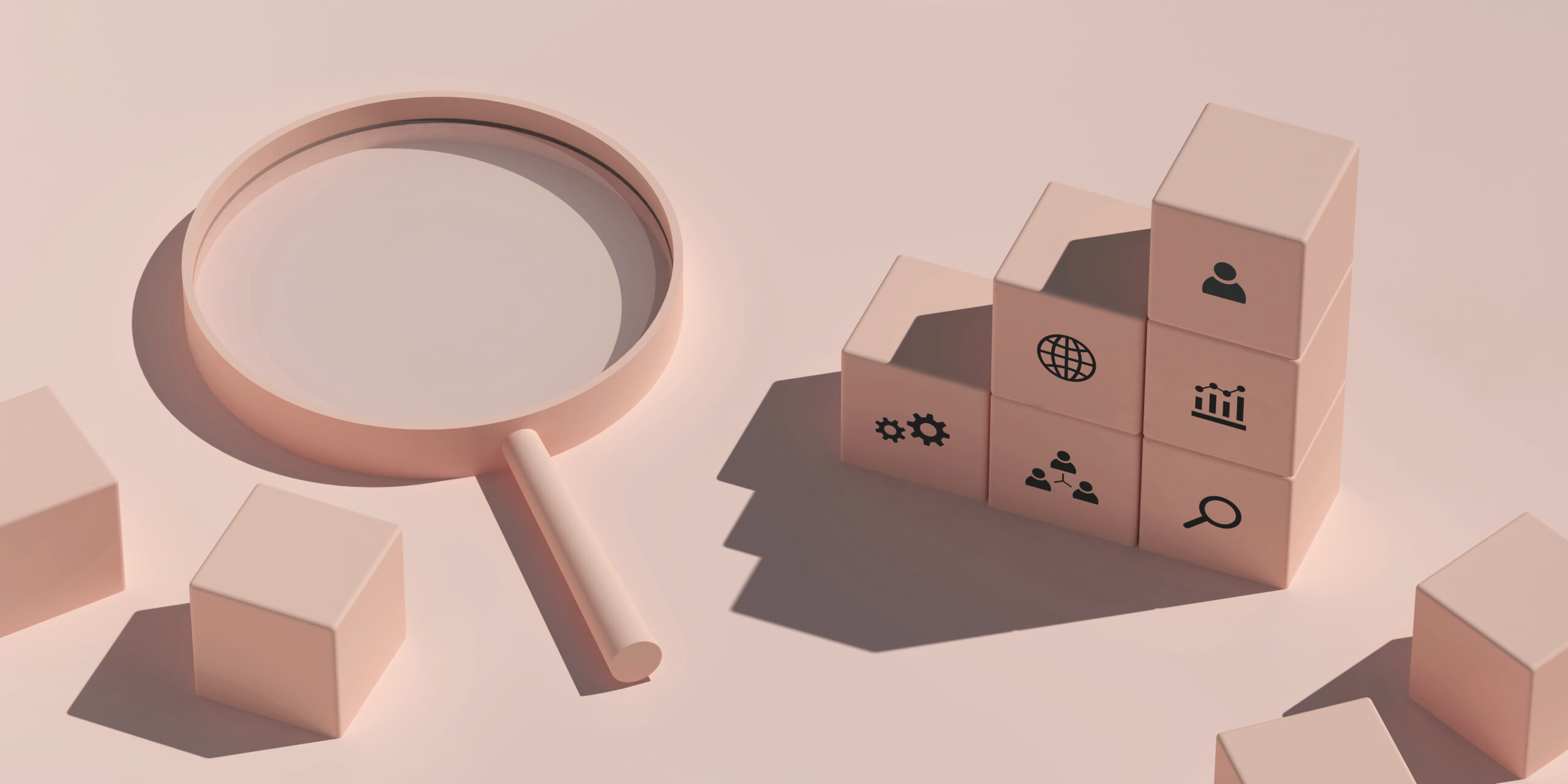 conceptual-business-illustration-with-pink-pastel-blocks-icons-magnifying-glass