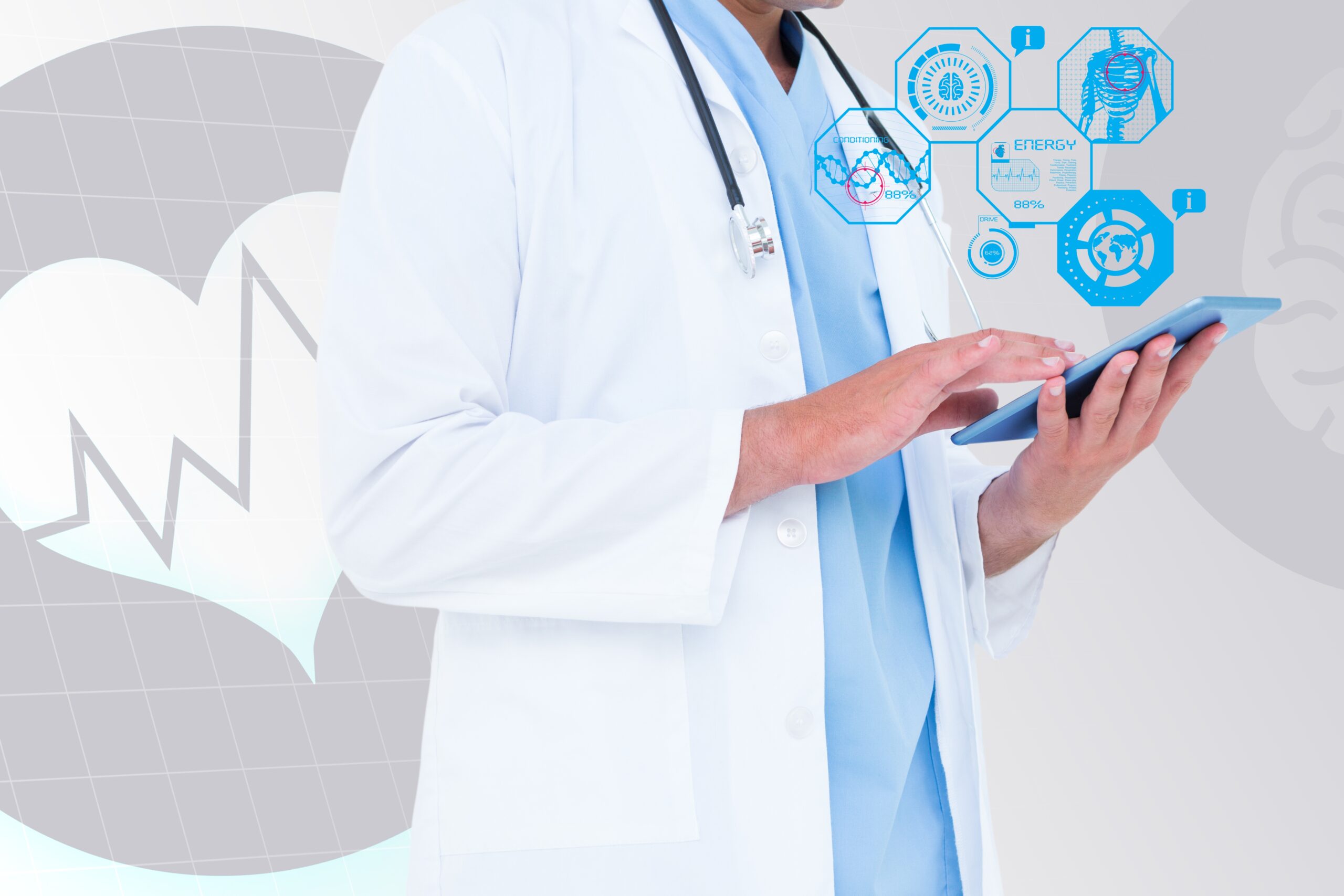 A doctor in a white coat and stethoscope uses a tablet, surrounded by blue medical icons and graphics. The background shows a heart monitor waveform.
