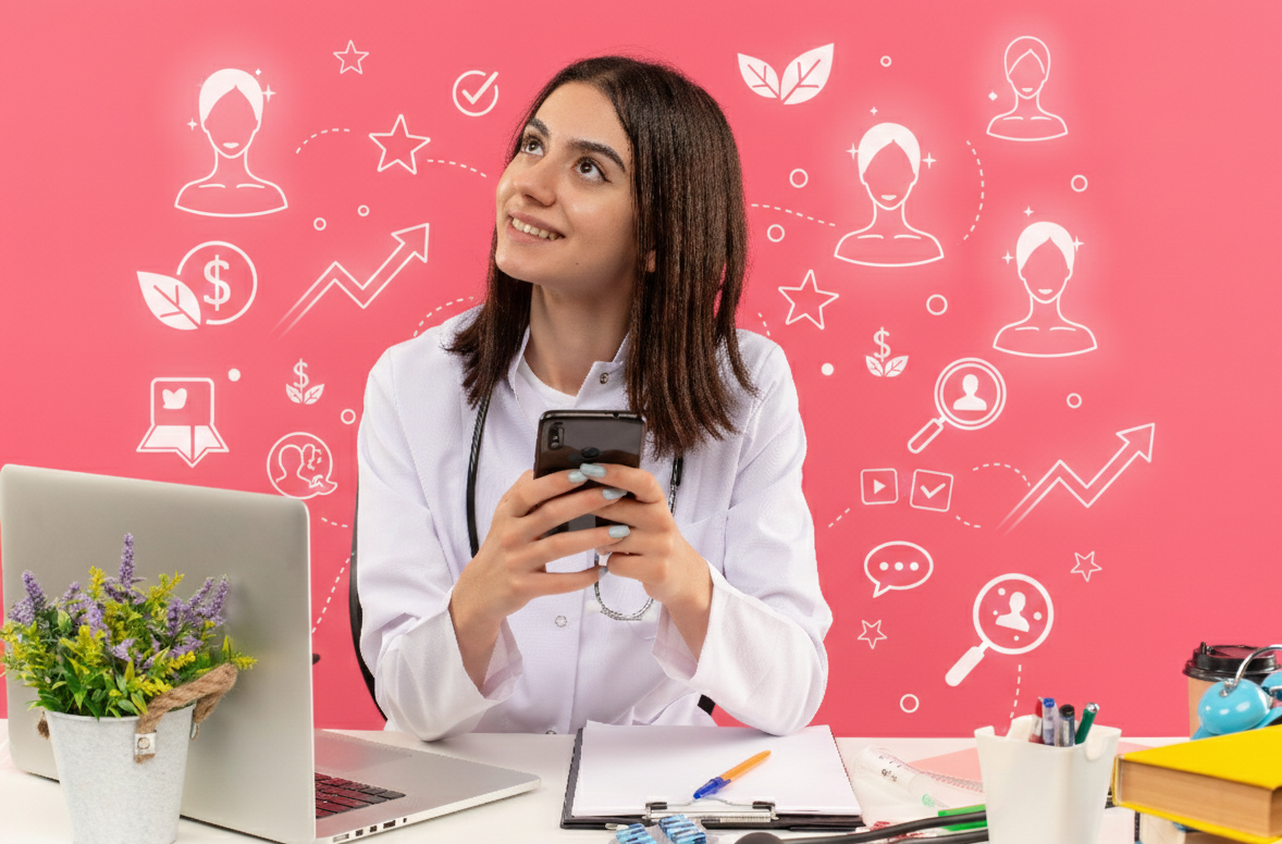 A smiling woman in a white coat holds a phone, seated at a desk with a laptop and stationery. Pink background with icons of graphs, leaves, and people adds a modern, optimistic feel.