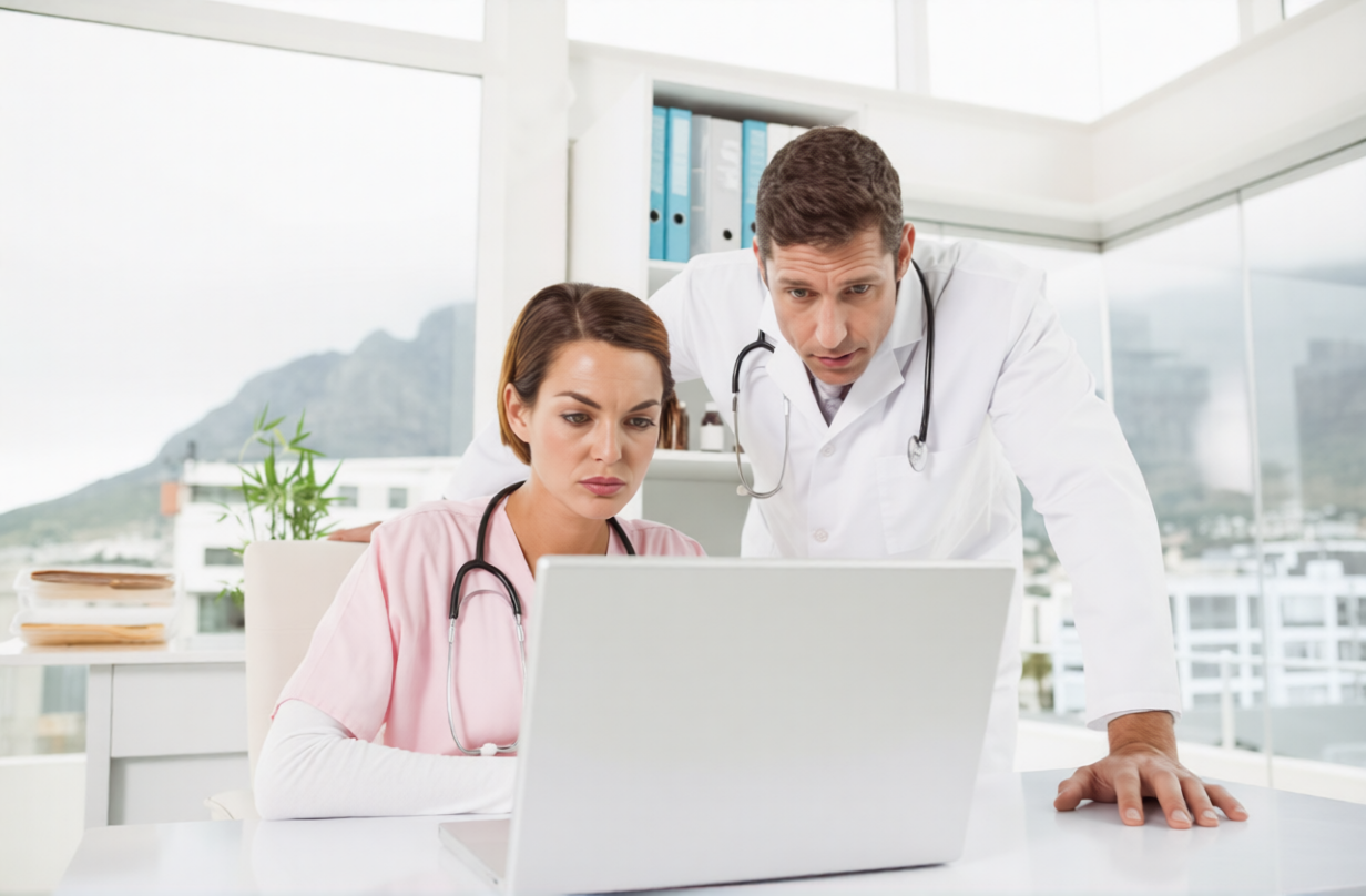Two doctors, one male and one female, focus intently on a laptop in a bright medical office. They wear white coats and stethoscopes, conveying professionalism.