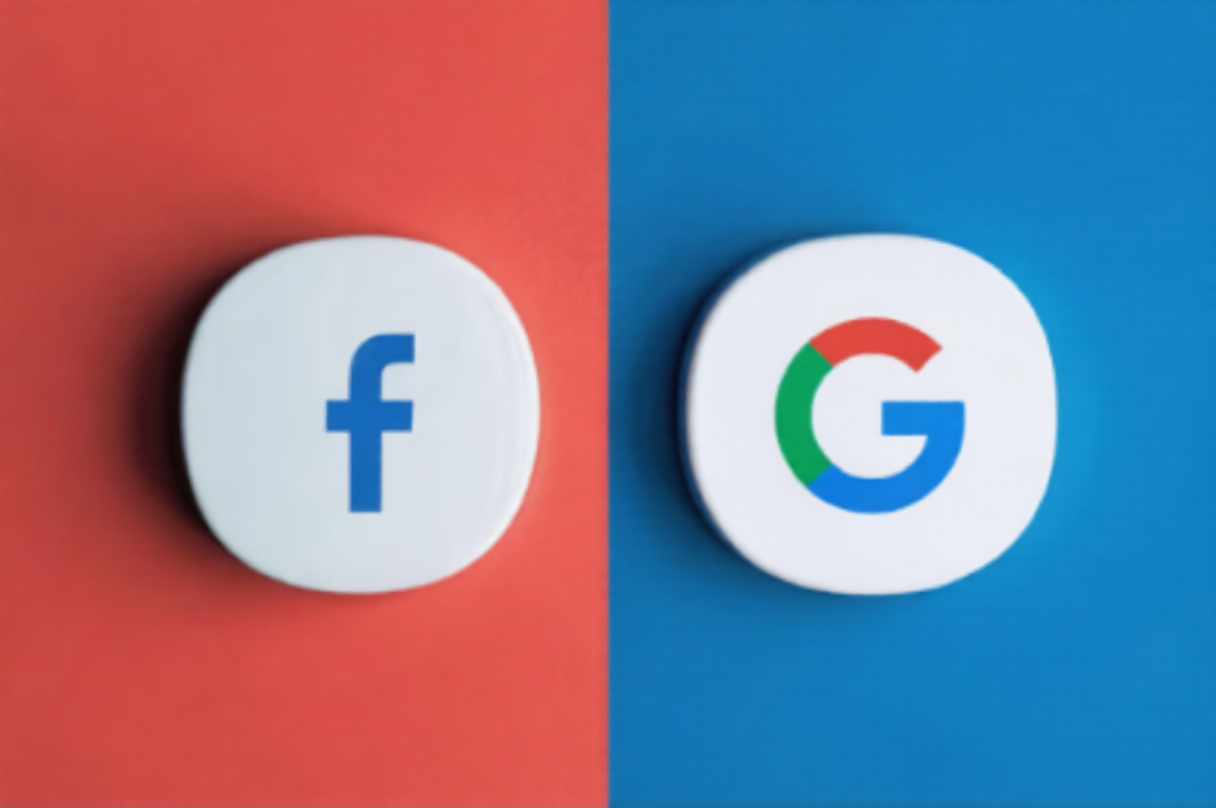 Two circular buttons display the Facebook "f" on red and Google "G" on blue, symbolizing a contrast or connection between the two tech giants.