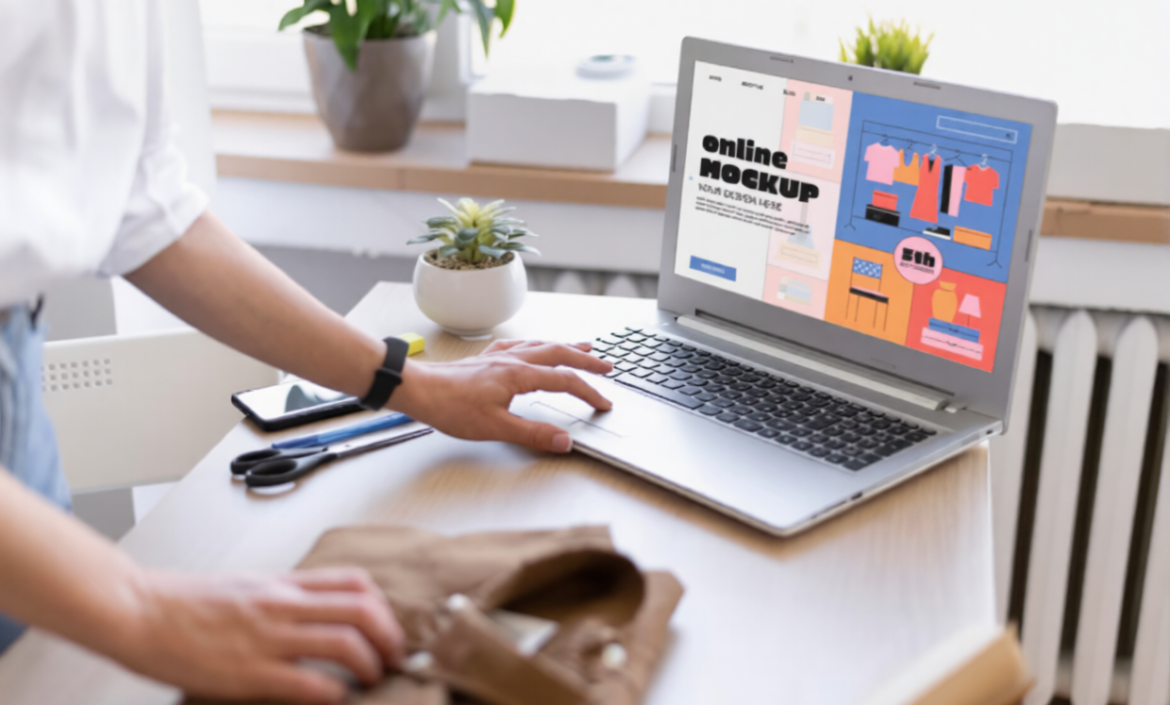 En person står bredvid ett skrivbord med en laptop som visar en mockup av en webbutik. I närheten finns en växt, saxar och kläder. Scenen är ljus och modern.