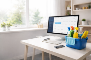 Ett prydligt vitt skrivbord med en dator som visar en schemaläggningsapp, bredvid städartiklar i en blå väska. Solljus strömmar in genom ett stort fönster.