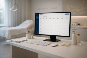 Modern interiör i en estetisk klinik med ett synligt bokningsschema på en datorskärm. En behandlingsbädd syns i den mjukt belysta bakgrunden och skapar en lugn och avslappnad atmosfär.